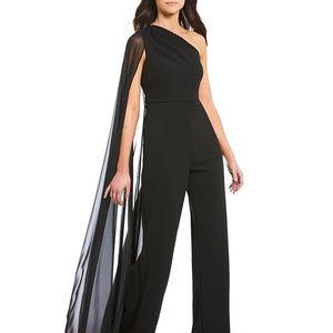 Calvin Klein One-Shoulder Chiffon Capelet Jumpsuit